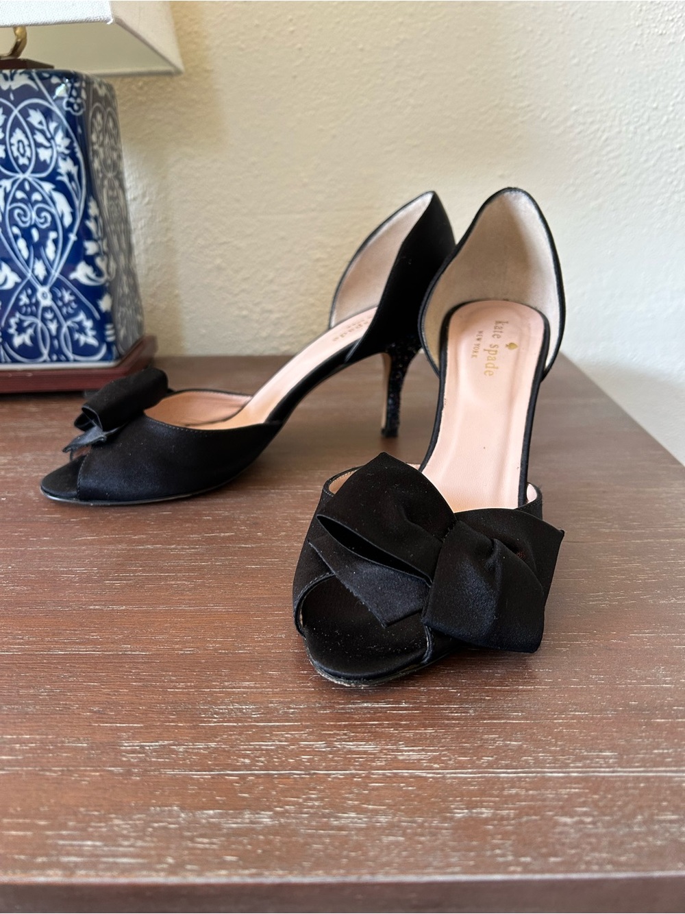 Kate Spade - black satin rhinestone kitten heels - size 7